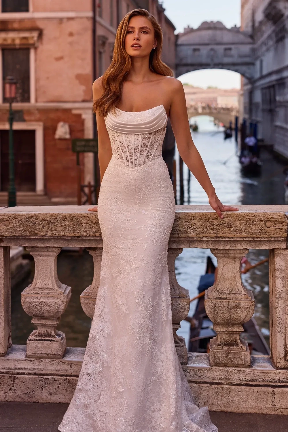 Model wearing a gown by sherri hill